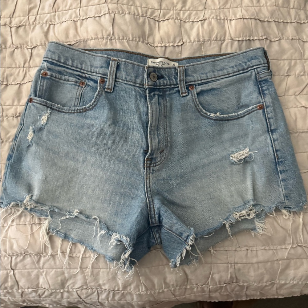 Abercrombie & Fitch Light Blue Frayed Jean Shorts - mom shorts mid rise